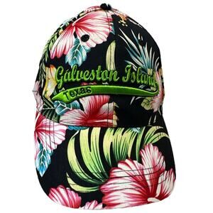 New Galveston Island Texas Embroidered Tropical Hibiscus Floral StrapBack Hat OS